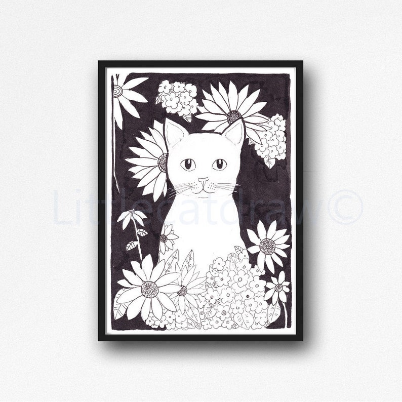 Black Cat Print Painting Print Cat Lover Gift Cat Decor Cat Cat With Flowers