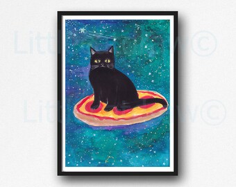 Black Cat Flying on a Pizza Galaxy Watercolour Poster Unframed Print Wall Art Decor Gift Black Cats Print Dorm Wall Art