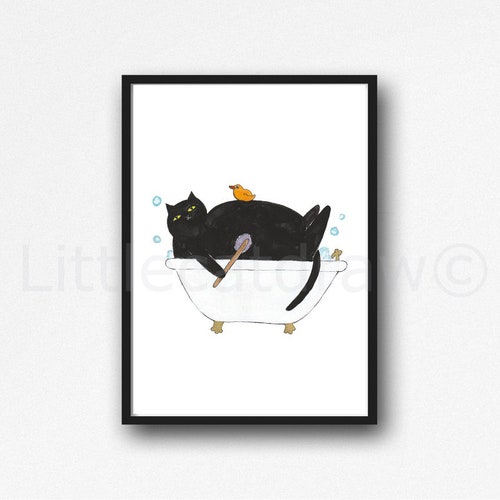 Cat Print Bath Time Peeking Cat Watercolor Painting Print Wall Etsy