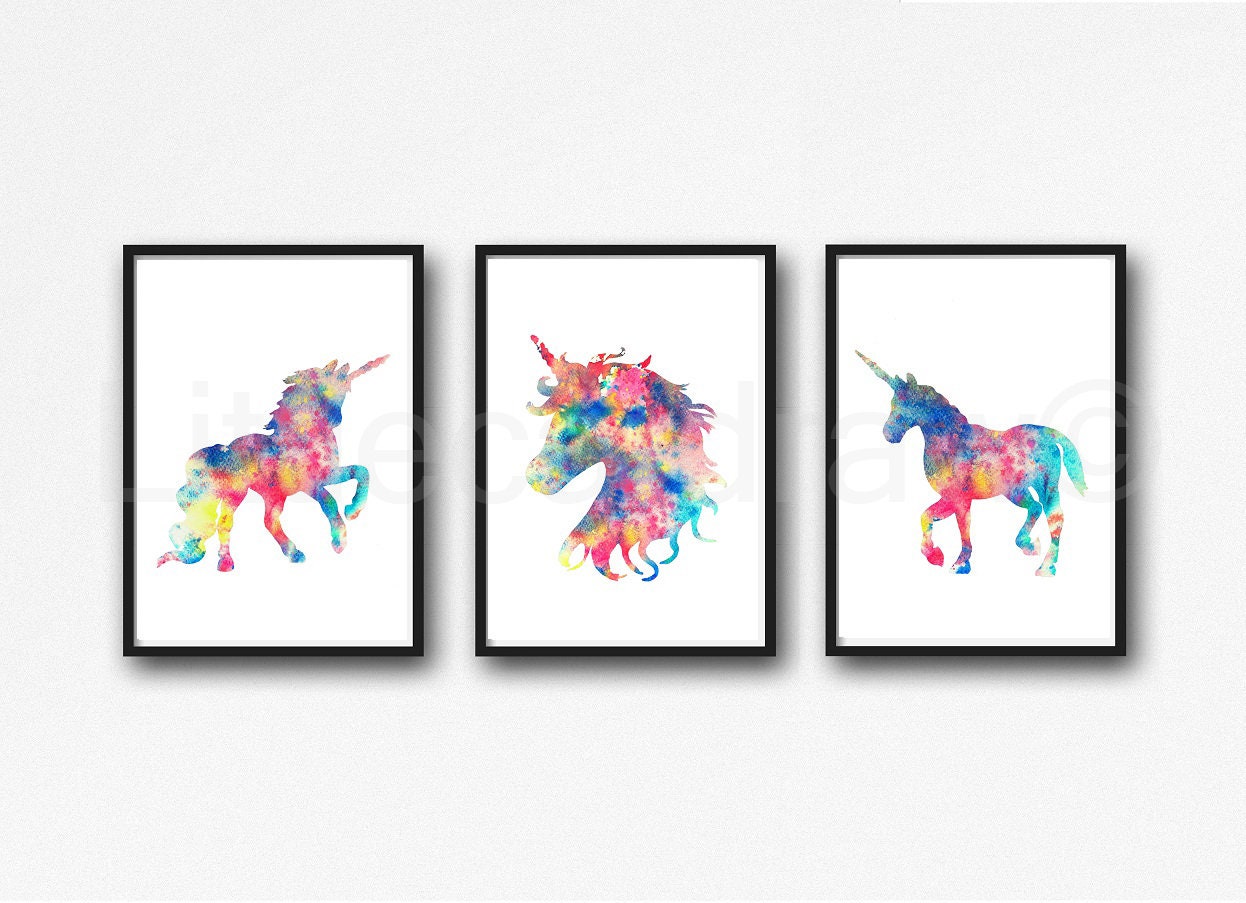 Unicorn Set Of 3 Prints Rainbow Unicorn Print Watercolor Painting Print
