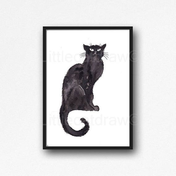 Cat Print Chat Noir Watercolor Painting Print Black Cat Print Etsy