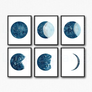 Moon Print Set Of 6 Phases Decor Bedroom Watercolor Painting Print Celestial Print Luna Phases Home Decor Art Prints Moon Gift Wall Unframed image 3