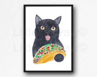 Cat Print Black Cat Eating A Taco Watercolor Painting Print Cat Lover Gift Cat Decor Bedroom Wall Decor Cat Painting Food Wall Art Unframed