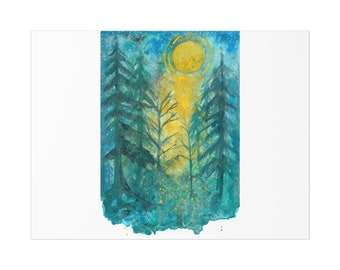 Fireflies Wall Art Print Home Decor Wall Decor Forest Teal Moon Night Sky Unframed Forest at Night  Poster Large Gift