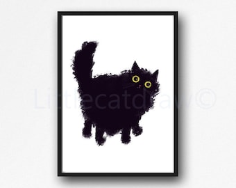 Fluffy Black Cat Surprised Print Drawing of a Black Kitten Illustration Unframed Poster