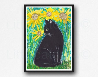 Cat Print Black Cat Sunflowers Watercolor Painting Print Cat Art Print Wall Art Cat Wall Decor Cat Lover Gift Unframed