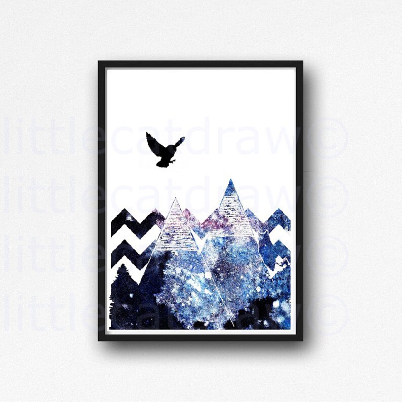 Twin Mountains Print Landscape Abstract Galaxy Chevron Art Print Watercolor Painting Art Print Wall Art Bedroom Wall Decor Owl Print Art & Collectibles Prints Sibawor.id