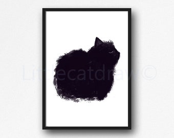 Fluffy Black Cat Loaf Print Painting of a Black Fluffy Cat Illustration Cat Poster Cat Lover Gift Unframed