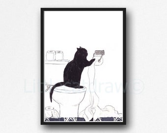 CAT Print Black Cat Playing with Loo Rolls Toilet Wall Art Black Cat Painting by Littlecatdraw Original Art Print Cat Illustration Unframed