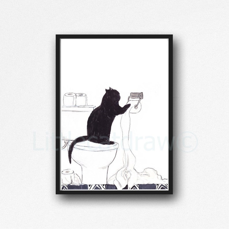 KATZE Druck Schwarze Katze Spielt mit Loo Rolls Toilettenwand Kunst Schwarze Katze Gemälde von Littlecatgezeichnet Original Kunstdruck Katze Illustration Ungerahmt Bild 1