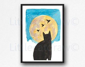 Black Cat watches the Birds and the Moon Cat Portrait Pet Memorial Watercolor Painting Print Cat Art Print Wall Decor Cat Lover Gift Pet