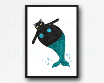 Cat Mermaid Print Painting Print Splash Black Cat Print Wall Art Home Funny Cute Print Cat Art Nautical Print Cat Lover Gift Poster Purrmaid