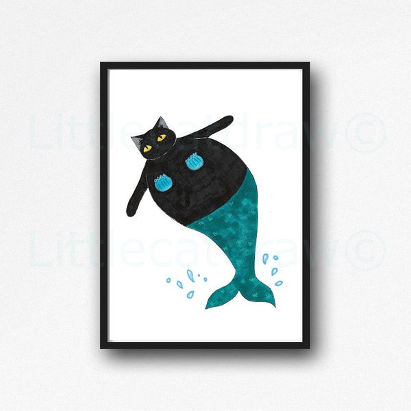 Cat Mermaid Print Painting Print Splash Black Cat Print Wall Art Home Funny Cute Print Cat Art Nautical Print Cat Lover Gift Poster Purrmaid