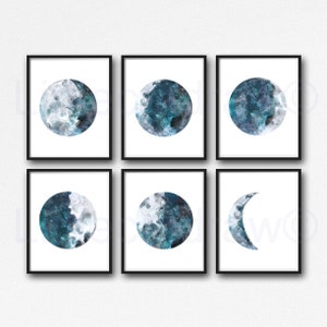 Moon Print Set Of 6 Phases Decor Bedroom Watercolor Painting Print Celestial Print Luna Phases Home Decor Art Prints Moon Gift Wall Unframed image 1