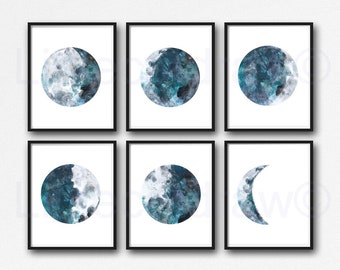 Moon Print Set Of 6 Phases Decor Bedroom Watercolor Painting Print Celestial Print Luna Phases Home Decor Art Prints Moon Gift Wall Unframed