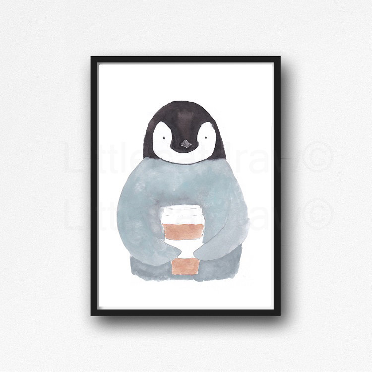 Penguin Print Penguin Drinking Coffee Watercolor Painting Art | Etsy