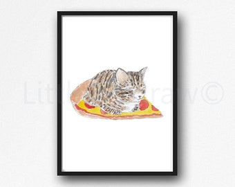 Tabby Cat On A Pizza Print Watercolour Painting Cat Pizza Food Lovers Cat Print Art Painting Unframed