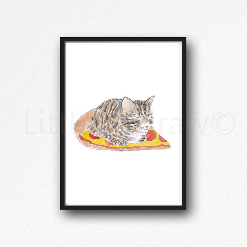 Tabby Cat On A Pizza Print Watercolour Painting Cat Pizza Food Lovers Cat Print Art Painting Unframed image 1