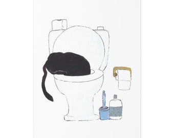 Cat Print Black Cat Drinking from the Toilet Watercolor Painting Print Wall Art Bathroom Decor Toilet Wall Decor Art Print Cat Gift