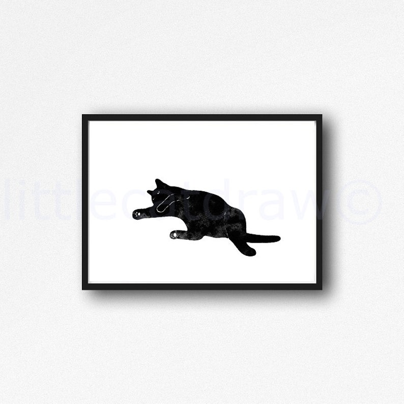 Cat Print Black Lazy Cat Watercolor Painting Print Cat Art Etsy