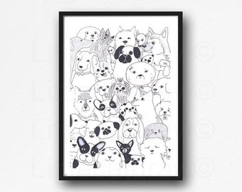 Dog Print Happy Cool Dogs Print Illustration Art Print Cute Dog Wall Art Print Crazy Dog Lover Gift Print Wall Decor