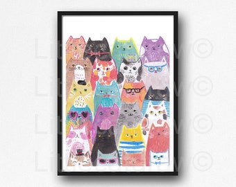 Colorful Cats Print Cat Lover Gift Painting Print Art Print Cat Wall Decor Art Unframed Poster Large Gift