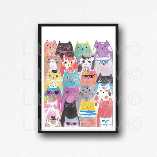 Colorful Cats Print Cat Lover Gift Painting Print Art Print Cat Wall Decor Art Unframed Poster Large Gift