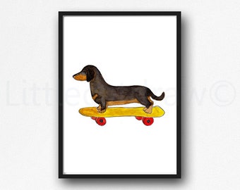 Dachshund On A Skateboard Print Sausage Dog Print Watercolor Painting Print Wall Art Home Decor Wall Decor Weiner Doxie Unframed