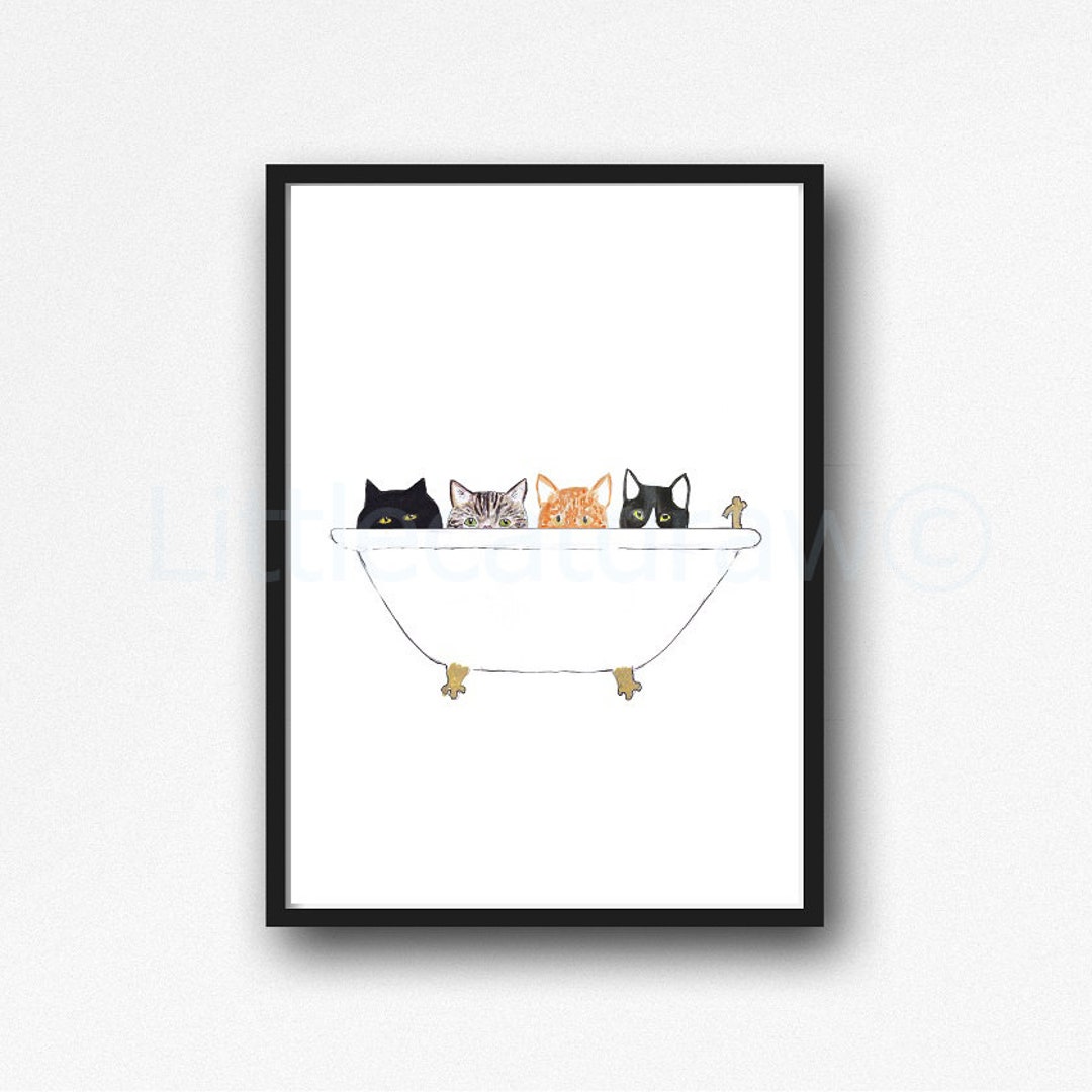 Cat Print 4 Cats Bath Time Watercolor Painting Print Wall Art Bathroom ...