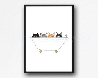 Cat Print 4 Cats Bath Time Watercolor Painting Print Wall Art Bathroom Decor Bathtub Bath Tub Wall Decor Art Print Cat Lover Gift Unframed