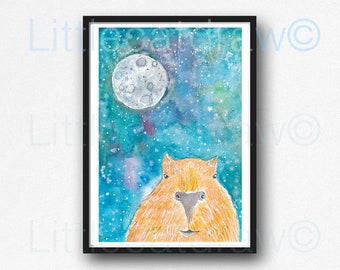 Capybara Print Under the Moon Print Animal Painting Rodent Wall Art Animal Art Print Wall Decor Capybara Gift Painting Capybara Unframed