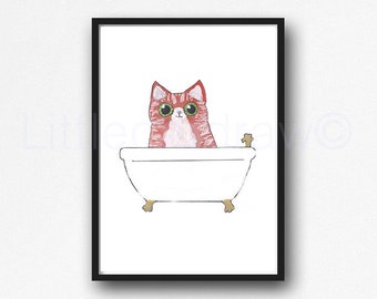 Chat tigré orange ayant un bain moussant peinture aquarelle impression art mural salle de bain baignoire baignoire décoration murale art cadeau pour amoureux des chats sans cadre