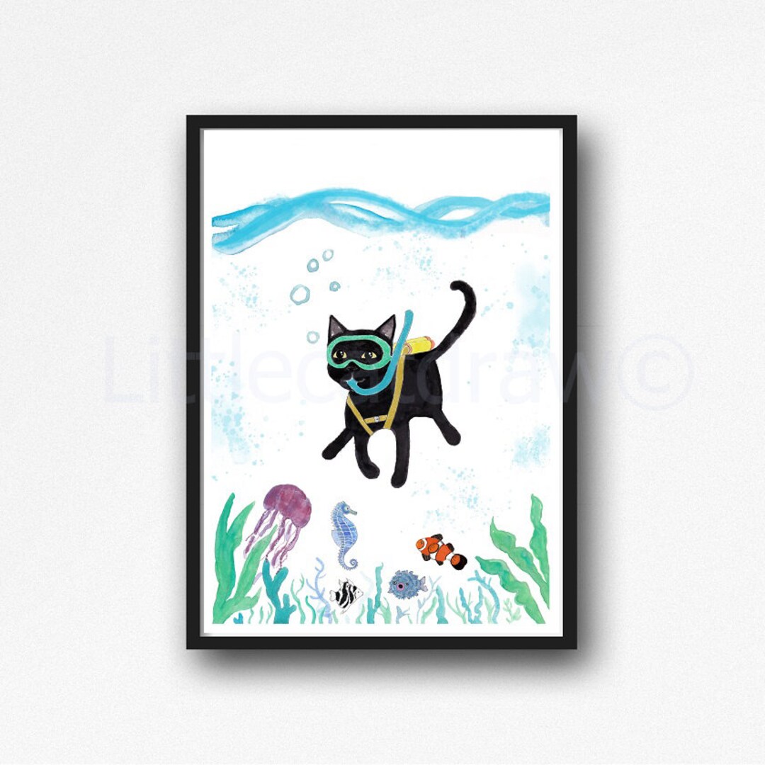 Scuba Diving Black Cat Painting Watercolor Under the Sea Print Cat