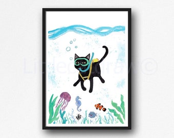 Scuba Diving Black Cat Painting Watercolor Under the Sea Print Cat Poster Unframed