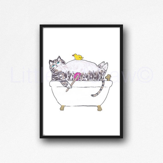 Tabby Cat Rubber Duck Painting Print, Cat In A Bathtub Print