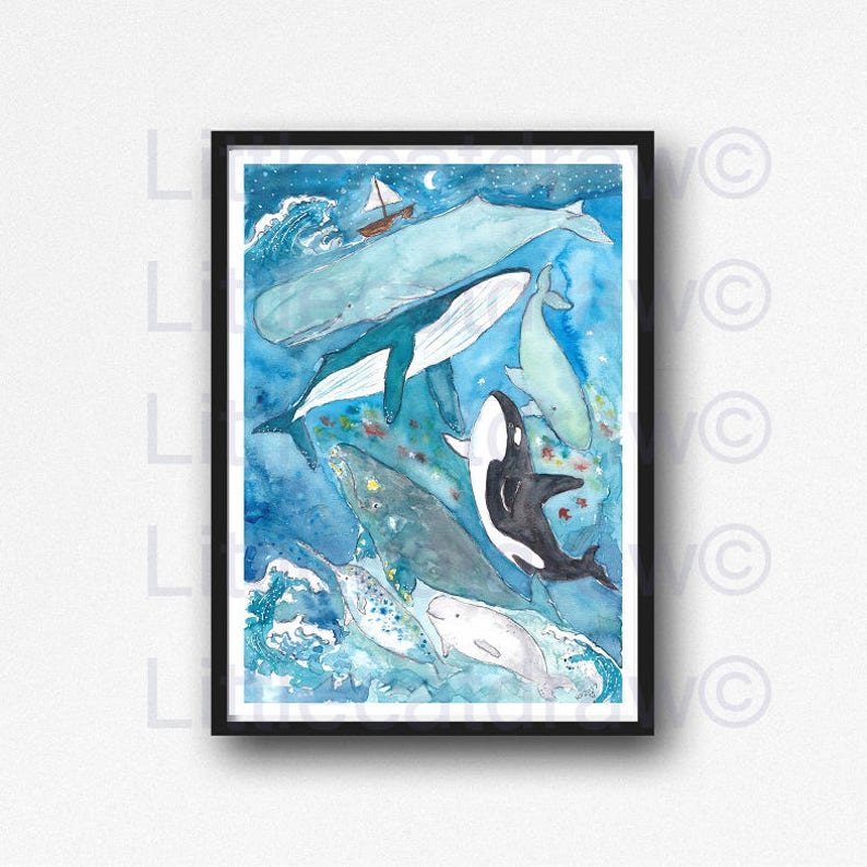 Whale Print The Ocean at Night Under the Sea Watercolor Painting Whale Art Nautical Print Whales Illustration Bathroom Wall Art Wall Decor