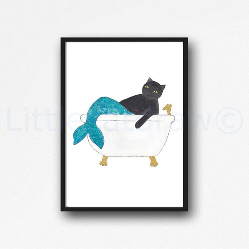 Cat Print Bath Time Mermaid Cat Watercolor Painting Print Wall Etsy