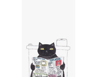 Black Cat reading the Newspaper on the Toilet Print 11x16 and various sizes Watercolor Kitties Print Cat Wall Art Cat Lover Gift