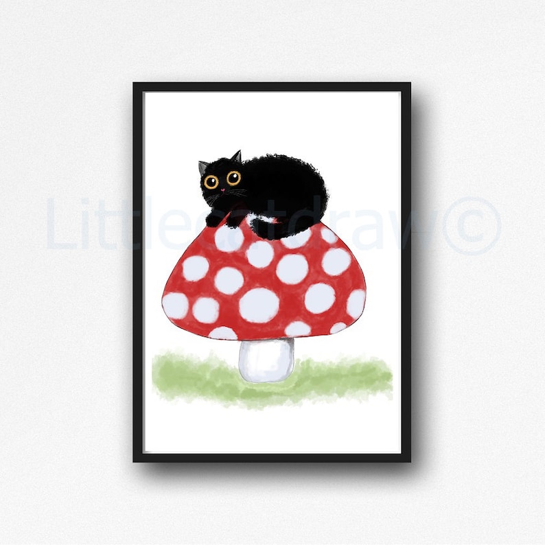 Black Cat Print Painting Art Prints Cat Art Wall Decor Cat Cat On A Mushroom