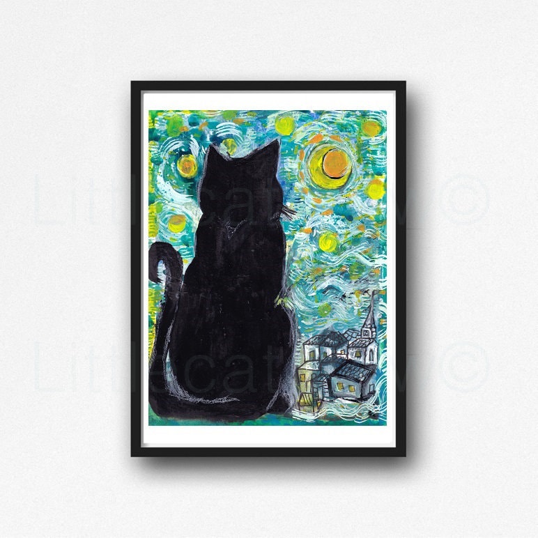 Cat Art Black Cat Watercolor Black Cat Art Print Black Cat Wall Art ...