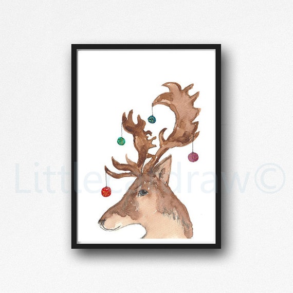 Deer Print Christmas Peeking Deer Watercolor Painting Print | Etsy