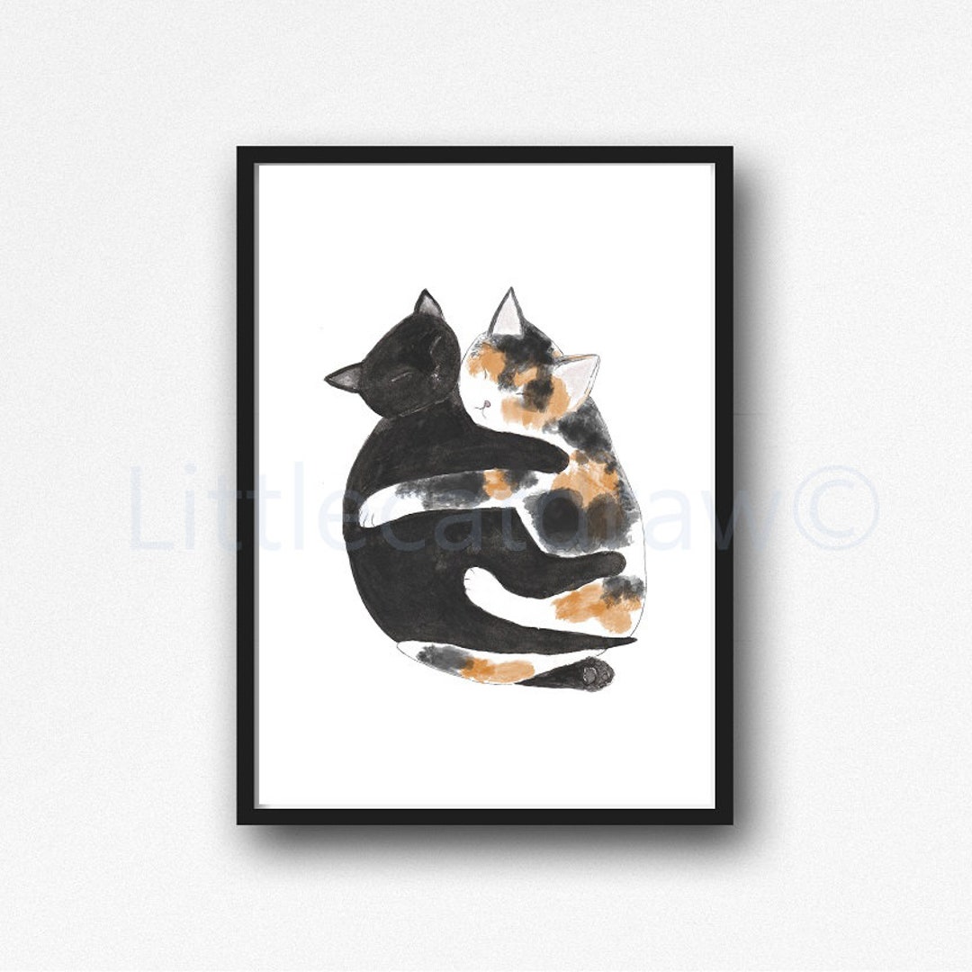 Cat Print Cuddling Tabby and Black Cats Painting Print Cat Lover Gift Wall Art  Print Cat Wall Decor Bedroom Decor Unframed Poster 