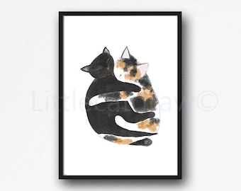 Cat Print Cuddling Tabby And Black Cats Painting Print Cat Lover Gift Wall Art Print Cat Wall Decor Bedroom Decor Unframed Poster