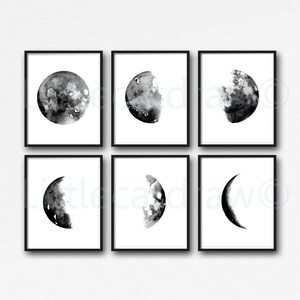 Moon Print Set Of 6 Phases Decor Bedroom Watercolor Painting Print Celestial Print Luna Phases Home Decor Art Prints Moon Gift Wall Unframed image 2