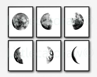 Moon Print Set Of 6 Phases Decor Bedroom Watercolor Painting Print Celestial Print Luna Phases Home Decor Art Prints Moon Gift Wall Art