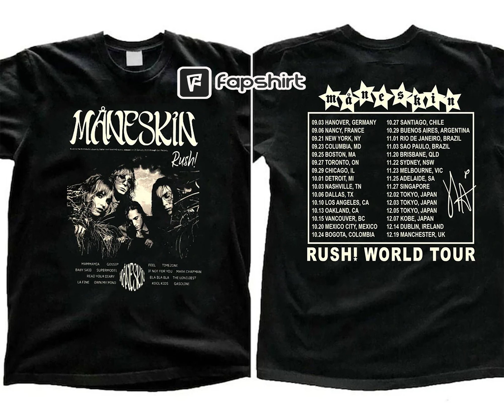 Discover Maneskin Tournée Mondiale Rush 2023 Produits Dérivés 2023 Concert Maneskin T-Shirt Deux Côtés