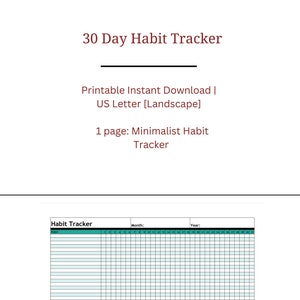 Printable Monthly Habit Tracker | Goal Tracker |  Minimalist | 30 Day Habit Challenge | Monthly Planner Routine Tracker | Printable PDF