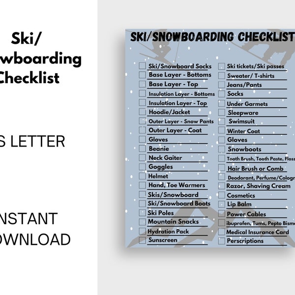 Editable Ski/Snowboarding Checklist | Ski Weekend Planner | Mountains Getaway | Winter Vacation | Printable Checklist | Canva Template Pack