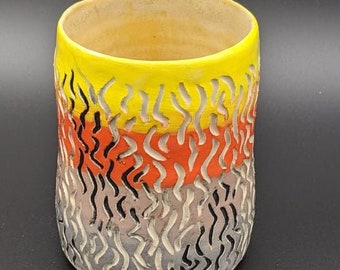 Carved Fire Ceramic Cup | Stoneware Mug | Handmade Wheel Thrown | Unique No Handle Mug | Pottery | Gift