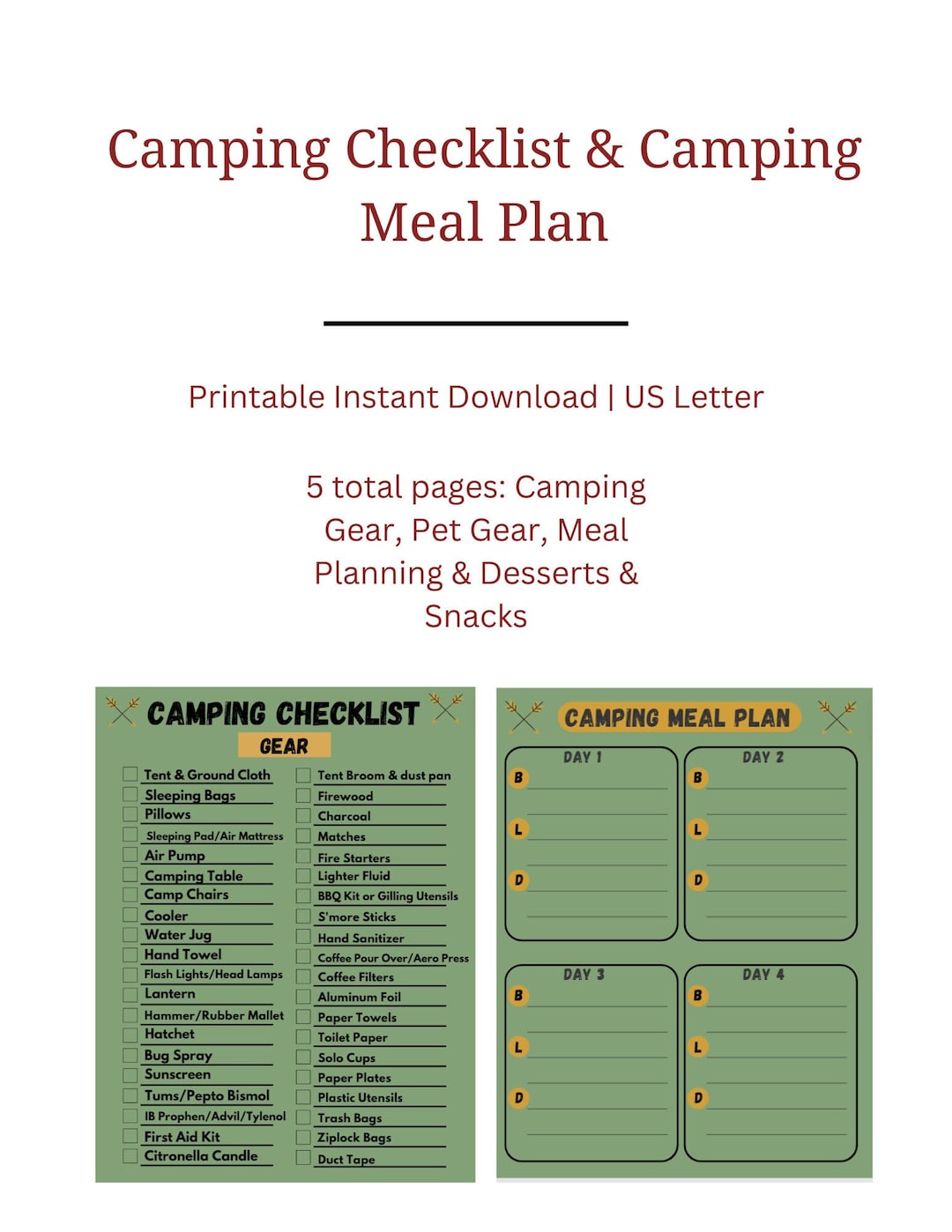 COMBO Editable Camping Checklist & Meal Planner Pets Camping Meal Prep